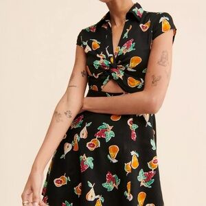 Urban Outfitters Harlow Twist Front Mini Dress black with fruit print Small